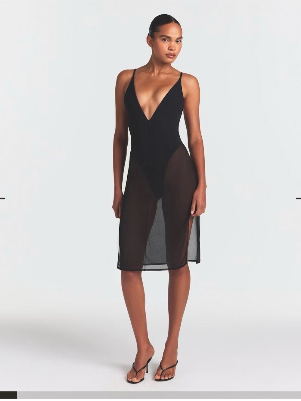 SKIMS Black Sheer Midi Slip Dress